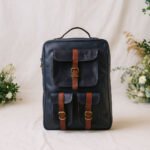 Navy Buckle Leather Backpack