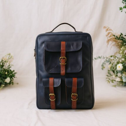 Navy Buckle Leather Backpack