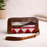 back view of boho leather wallet with woven textile design